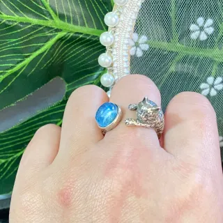 Anillo Plata Gato Aguamarina Natural Ajustable