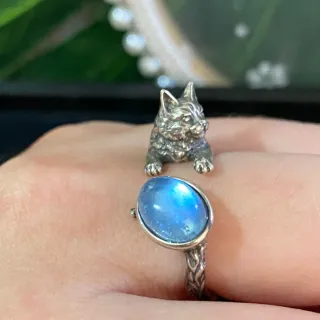 Anillo Plata Gato Aguamarina Natural Ajustable