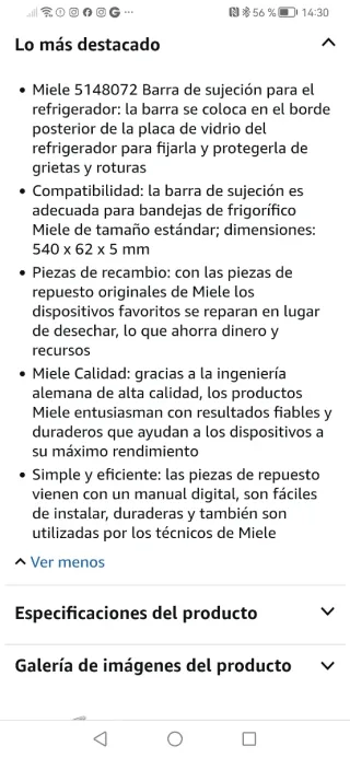 Soporte cristal Miele para balda frigorífico