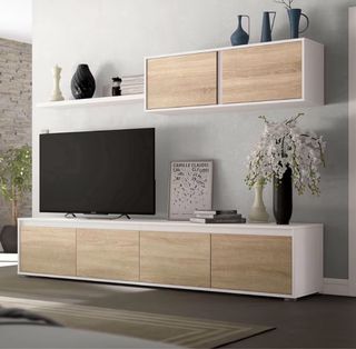 Mueble TV madera roble y blanco