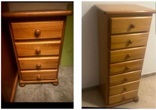 Cómoda de madera con 7 cajones y mesita de noche