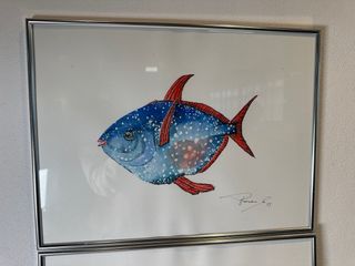 3 Acuarelas Originales de Peces Enmarcadas