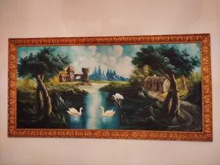 Óleo Lienzo Paisaje S.XX Cisnes Castillo