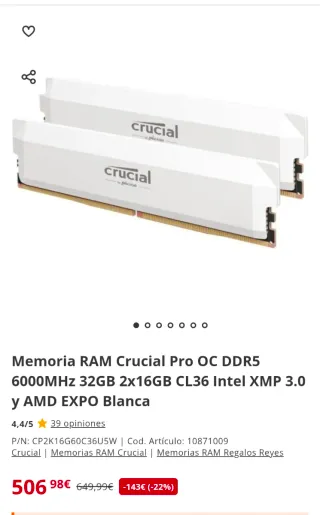 Memoria Ram Crucial Pro DDR5 32GB (2x16GB) 6000MHz