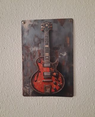 Letrero Metal Vintage Guitarra Eléctrica Roja.