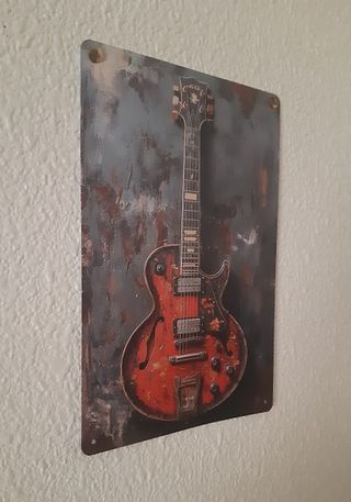 Letrero Metal Vintage Guitarra Eléctrica Roja.
