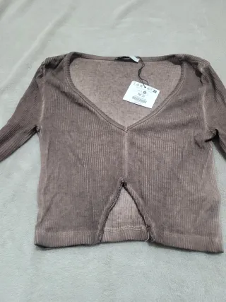 Bershka Crop Top Manga Larga Marrón Talla M