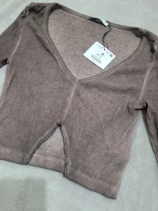 Bershka Crop Top Manga Larga Marrón Talla M