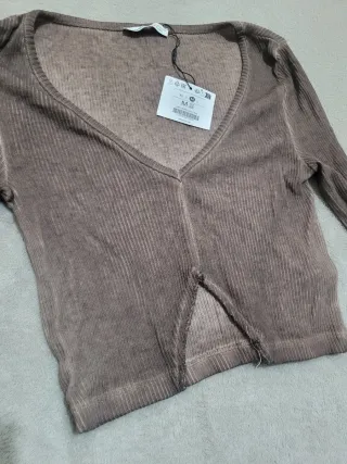 Bershka Crop Top Manga Larga Marrón Talla M