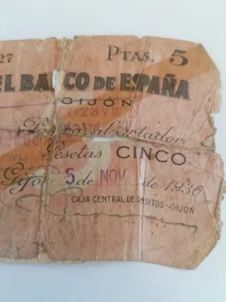 Billete 5 Pesetas Banco de España Gijón 1936
