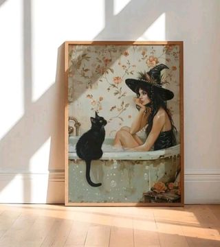 LIENZO BRUJA MÁGICA Y SU GATO NEGRO VINTAGE BAÑO