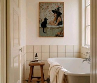 LIENZO BRUJA MÁGICA Y SU GATO NEGRO VINTAGE BAÑO