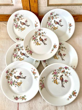 Lote 7 platos Apilco de porcelana vintage con ave