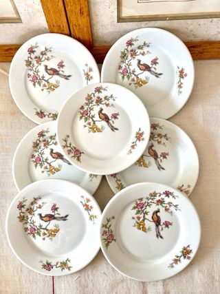 Lote 7 platos Apilco de porcelana vintage con ave