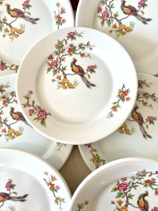 Lote 7 platos Apilco de porcelana vintage con ave