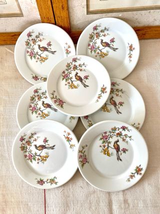 Lote 7 platos Apilco de porcelana vintage con ave