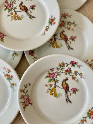 Lote 7 platos Apilco de porcelana vintage con ave