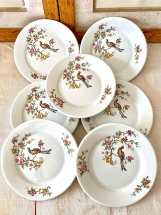 Lote 7 platos Apilco de porcelana vintage con ave