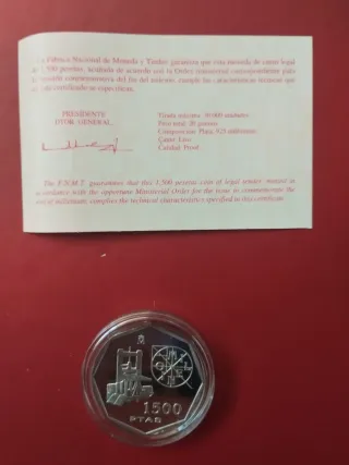 Tres monedas Plata 1500 Pesetas Milenio Proof