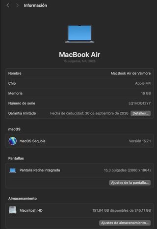 MacBook Air 15 16GB RAM Plata Azul