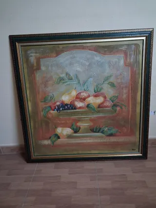 Cuadro Bodegón Frutas Marco Dorado y Verde