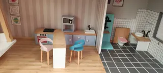 Casita de muñecas rosa con muebles