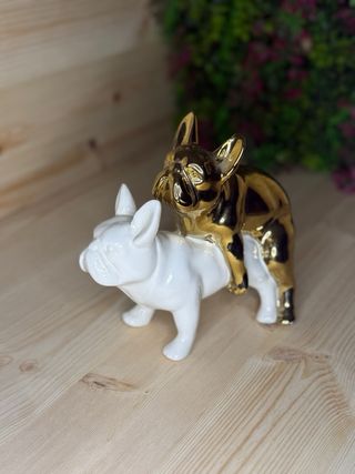 Figuras Bulldog Francés Cerámica Dorada y Blanca