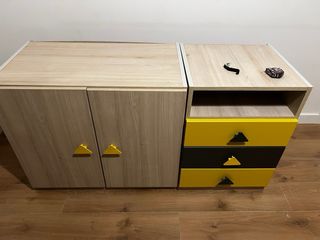 Cajonera madera natural, gris y amarilla