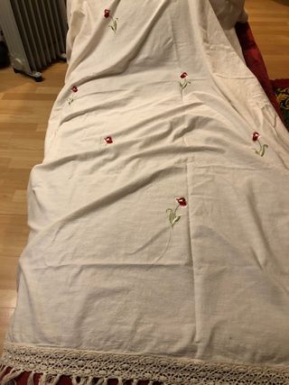 Cortina beige con flores rojas bordadas