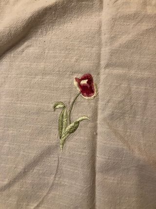 Cortina beige con flores rojas bordadas