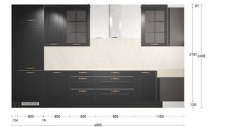 Cocina exposición negra y dorada