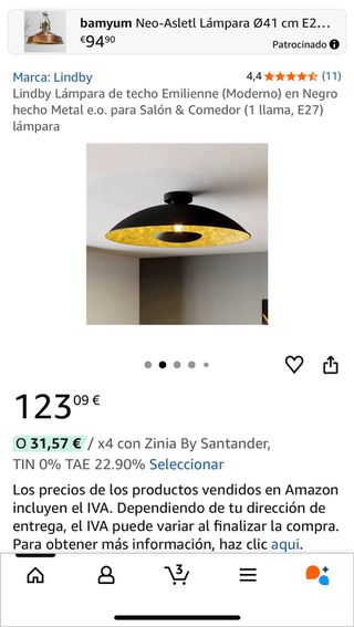 Lámpara de techo Lindby negra y dorada