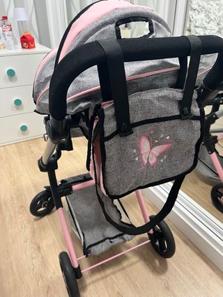 Carrito de muñecas doble gris y rosa,plegable