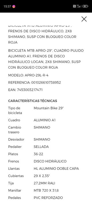 Bicicleta MTB Aluminio APRO-29 Roja