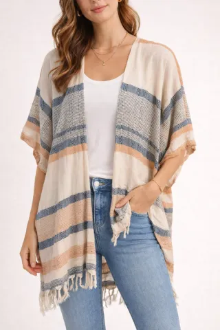 Quimono listrado bege e multicolor