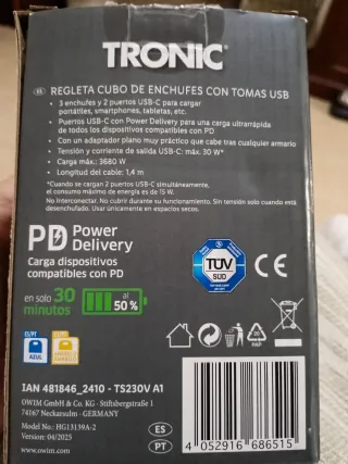 Regleta Cubo Enchufes TRONIC con USB