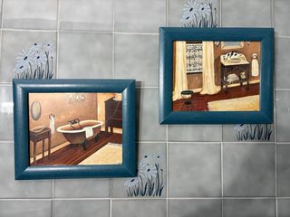Cuadros decorativos baño azul y marrón