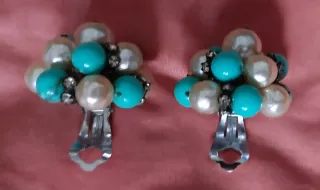 Pendientes Vintage Años 50 Turquesa Perla y Stras.