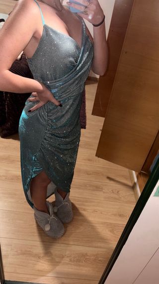 Vestido fiesta lentejuelas azul plateado