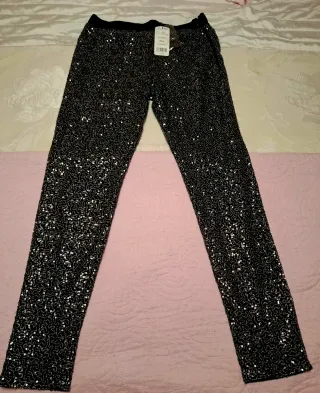 Pantalón Mango Negro/Plata Lentejuelas Nuevo