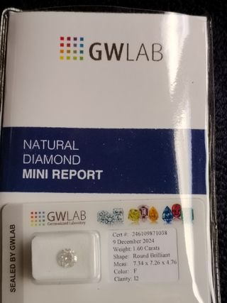 Diamante GWLAB 1.60 Quilates Redondo Brillante