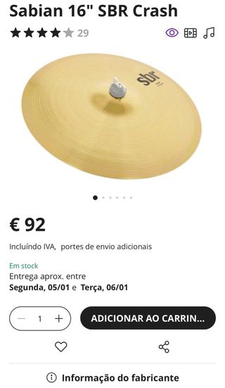 Pratos Sabian SBR Hi hat 14” e Crash 16” como novo