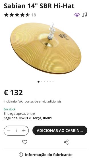 Pratos Sabian SBR Hi hat 14” e Crash 16” como novo