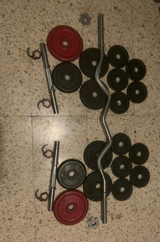 Barra Z, mancuernas y discos