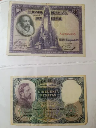 Billetes antiguos Banco de España 100 y 50 Pesetas