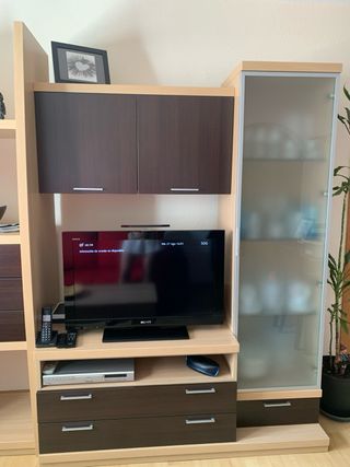 Mueble modular salón madera y cristal