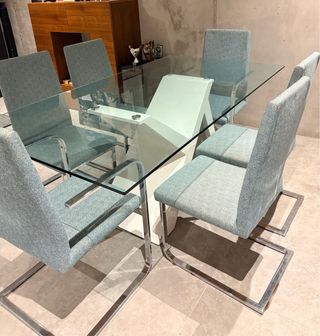 Mesa comedor cristal y peana blanco brillo