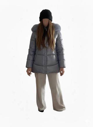 Plumífero acolchado azul.Capucha/pelo.Calentito