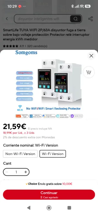 Disyuntor WiFi TUYA 2P/63A SmartLife