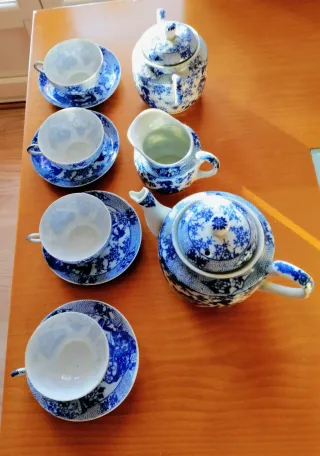 Juego de té antiguo azul y blanco